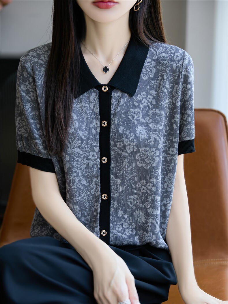 撞色提花天丝POLO领针织短袖开衫T恤女2025夏显瘦宽松大码t恤上衣,女装T恤,唐诺