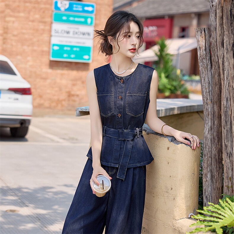 2025年夏季新款牛仔无袖上衣阔腿裤两件套,女装套装/套裙,慕依路