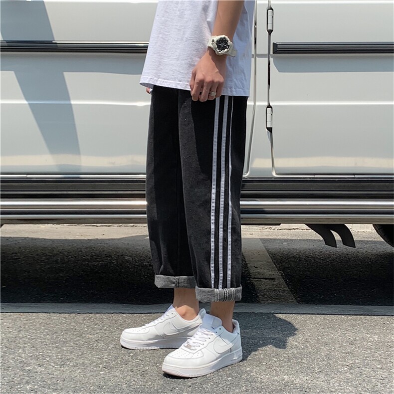 新款港风潮牌条纹直筒阔腿裤日系潮哈伦休闲宽松牛仔裤nz301,男装牛仔裤,星座1008