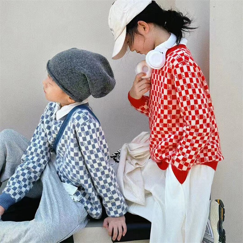秋冬新款儿童加厚提花格子针织衫时尚百搭保暖毛衣,童装儿童针织衫,亚东羊绒制品