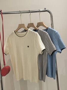 夏季新款麻花三色小爱心冰丝针织T恤宽松百搭显瘦时尚休闲上衣图片
