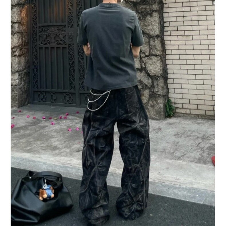 美式重磅褶皱阔腿牛仔裤男女先锋hiphop嘻哈设计感长裤潮~NK4093,男装牛仔裤,星座601-1