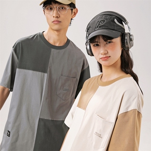 2024夏季新款男装日系潮牌纯棉拼色圆领宽松短袖休闲T恤T892-F55图片