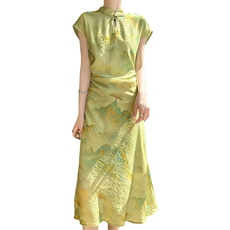 天丝棉新中式长款改良旗袍2025夏季新款女士国风复古显瘦连衣裙，女装汉服/婚纱/旗袍/礼服，圣丽羊绒