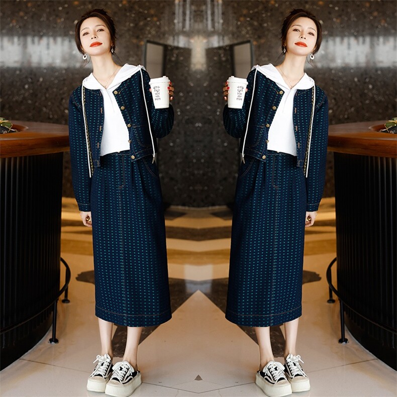 时尚显瘦牛仔套装女春季新款韩版气质百搭两件套裙子小香风外套,女装套装/套裙,秋水欣儿