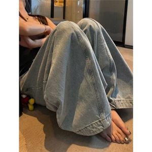 小个子美式复古浅色阔腿牛仔裤女辣妹宽松显瘦直筒裤休闲拖地长裤图片