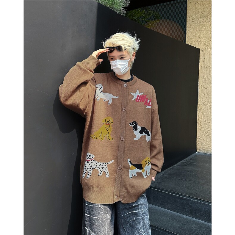 秋冬季美式复古卡通小狗刺绣针织开衫毛衣男女新款毛衣外套MY9805，男装针织衫/毛衣，星座506