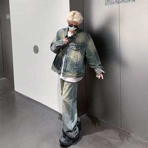 美式高街设计感牛仔夹克套装男宽松直筒复古外套TZ0105-P115图片