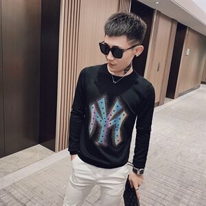 春款社会小伙镭射反光烫钻圆领毛衣修身针织打底衫YK207-P65控85图片