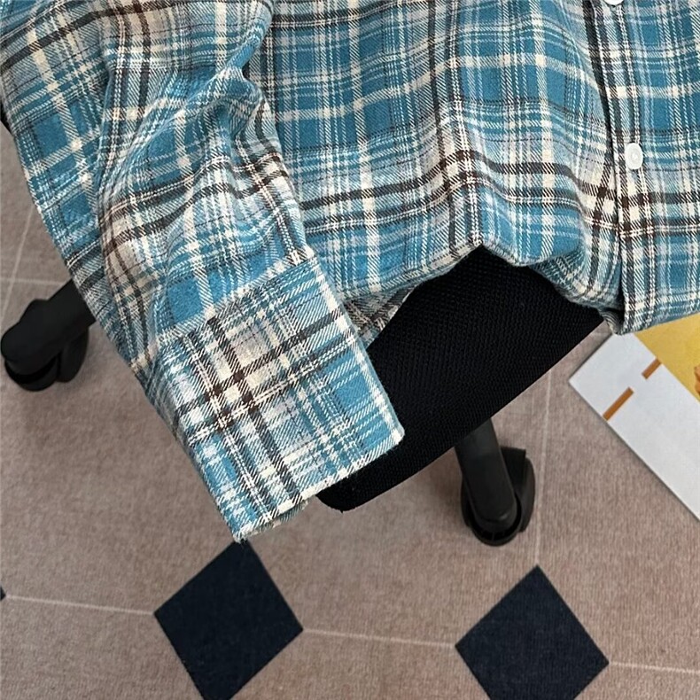 24新款复古蓝格子男女宽松慵懒风潮牌休闲百搭衬衫-CS037-无袖标,男装衬衫,星座1002-2