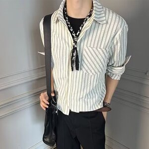 条纹肌理感休闲男士衬衫撞色条纹衬衣 网图图片