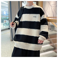 B143-P452024新款冬季圆领针织衫外套男套头慵懒条纹拼接毛衣，男装针织衫/毛衣，星座512-6