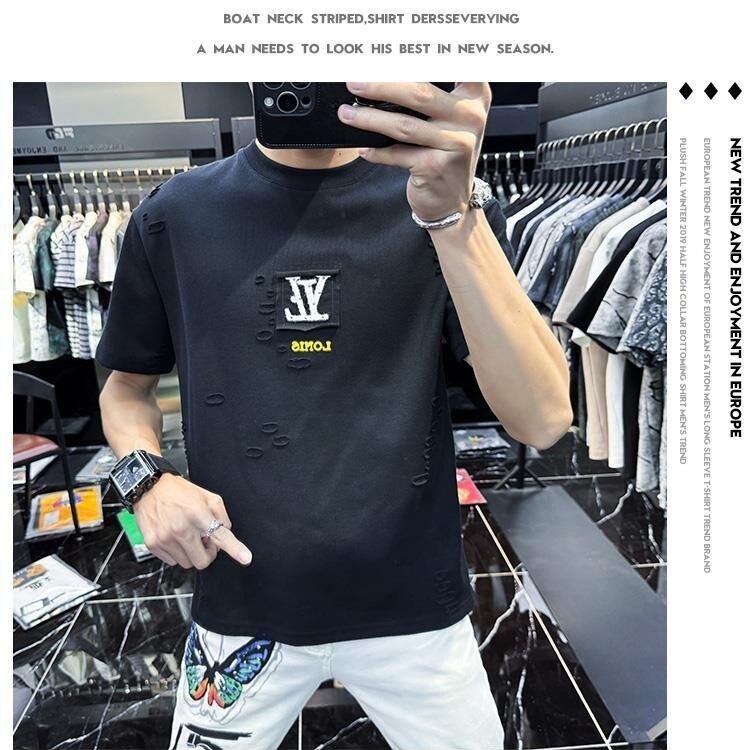 欧货高端设计感破洞短袖t恤男潮牌宽松2025新款夏季半袖上衣,男装T恤,星座506A