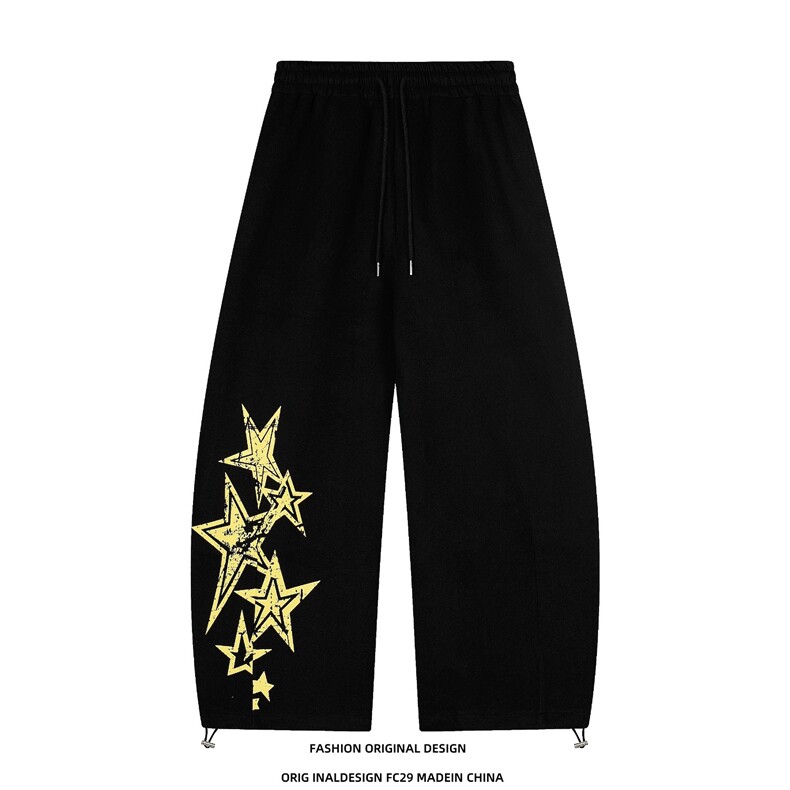 港风秋款男女卫裤星星印花抽绳阔腿休闲长裤h5342P53,男装休闲裤,星座1013-1