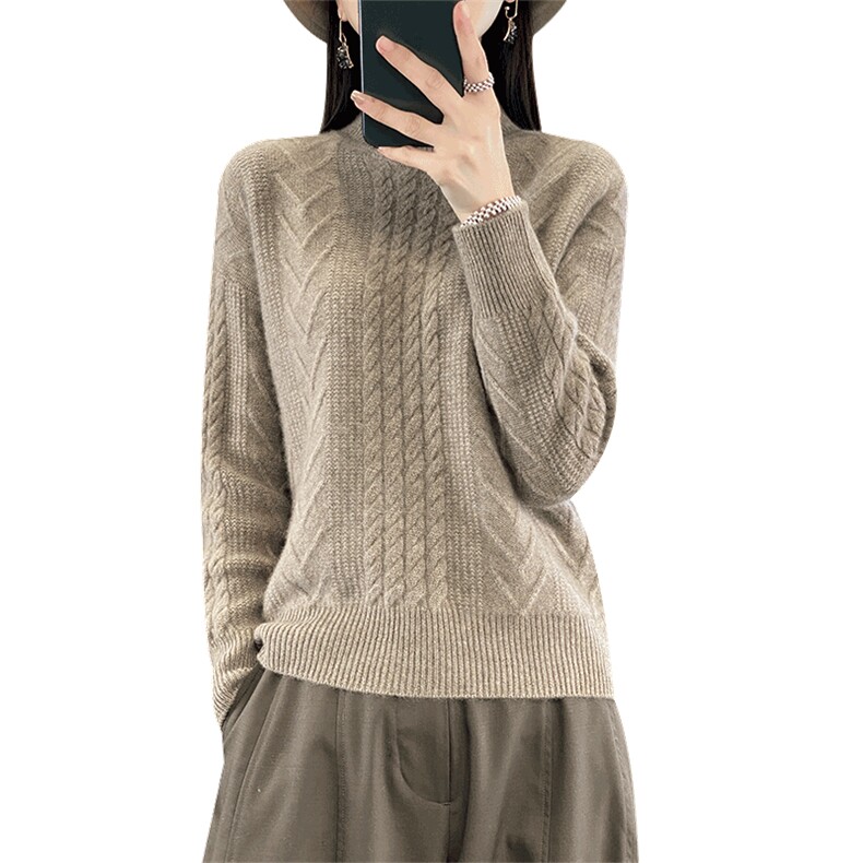 秋冬新款100%纯羊毛衫女半高领扭花加厚毛衣宽松羊绒衫针织打底衫,女装羊毛衫,琳华羊绒