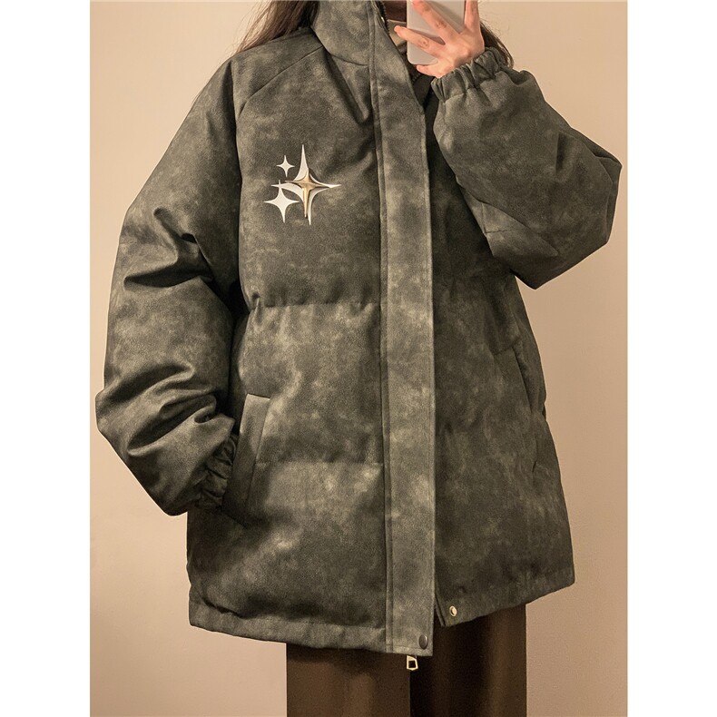 中性风PU皮复古做旧可拆卸四芒星胸针设计棉衣男MY77721P128控168，男装棉衣，星座227-7