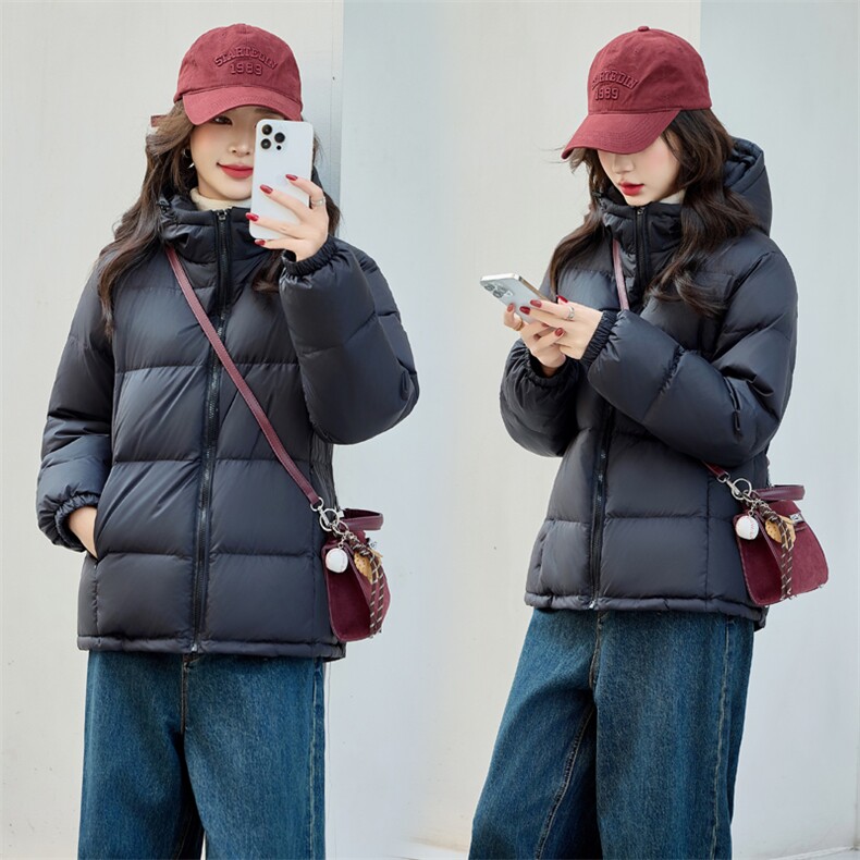 黑色百搭加厚连帽羽绒服女时尚修身显瘦5层分格冬天保暖外套,女装羽绒服,梦懿尔