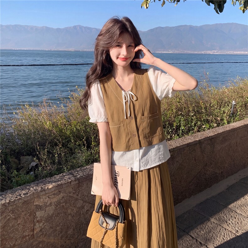 圆领条纹冰丝上衣+半身裙两件套送腰带,女装套装/套裙,采品优优