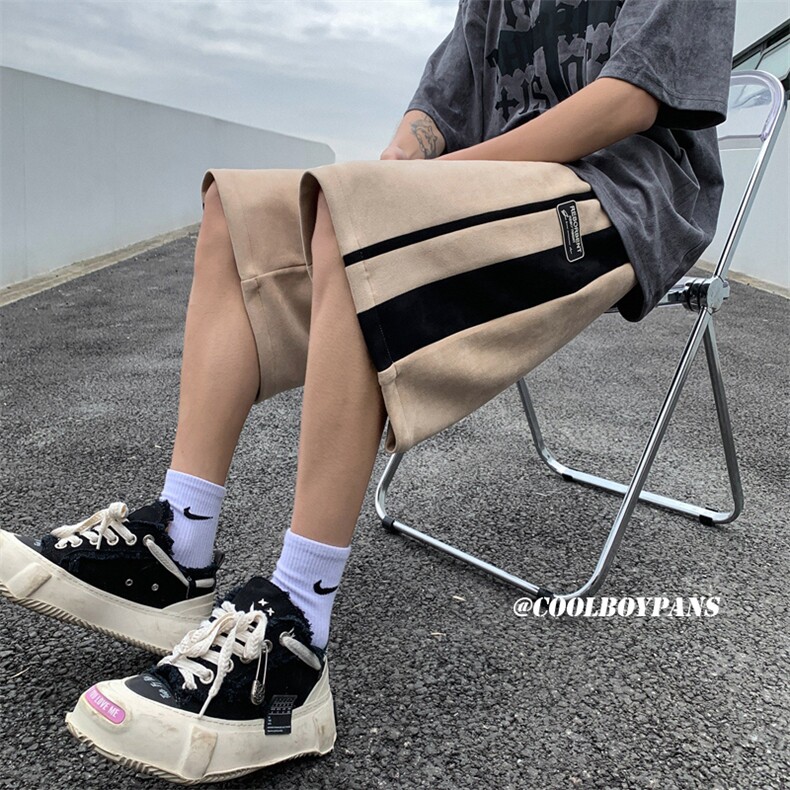 XZ213-DK007-P45控58港风大码麂皮绒绣标条纹运动休闲裤五分裤,男装牛仔裤,星座213