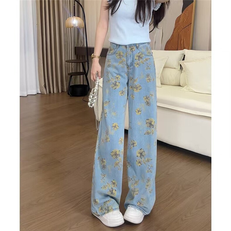 黄碎花直筒牛仔裤女夏季薄款2025年新款显瘦阔腿宽松设计感裤子女，男装牛仔裤，星座1210-1