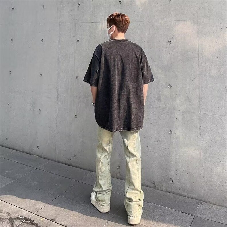 美式高街vibe水洗做旧黄泥染牛仔裤男春秋季直筒微喇显瘦堆积裤子,男装牛仔裤,星座506A