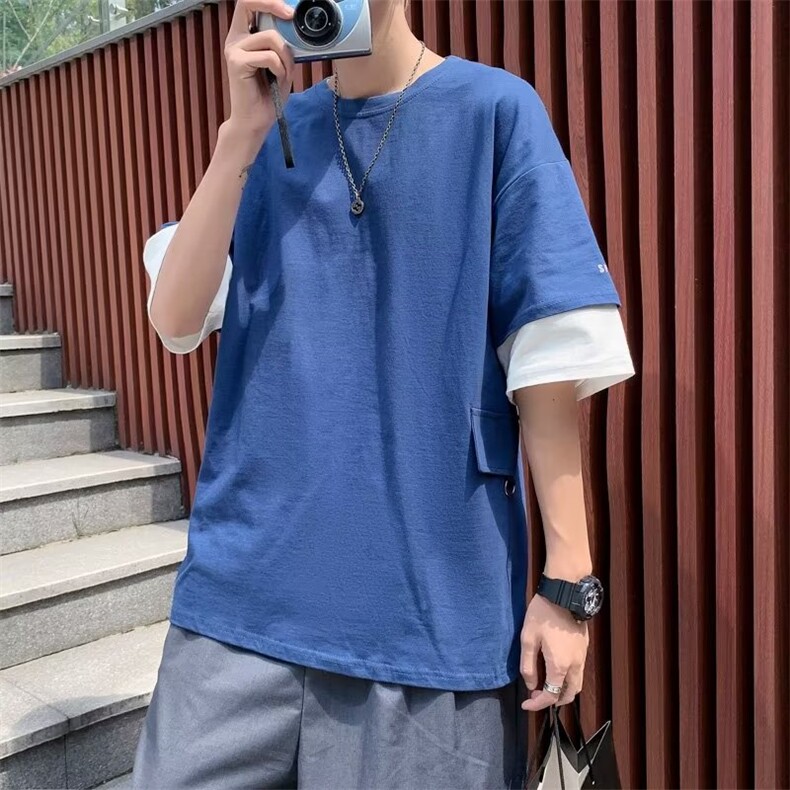 假两件t恤男韩版潮流拼色2023夏季新款ins宽松百搭体恤ST057-P32,男装T恤,星座412-3
