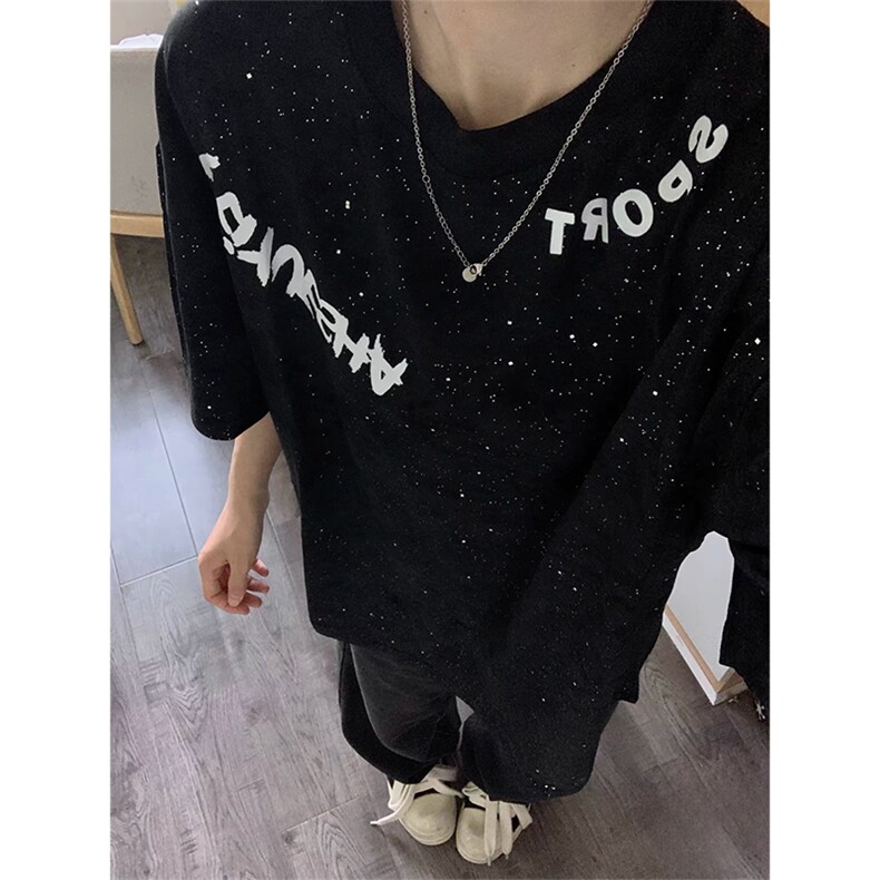抖音得物供货240克美式复古扎染满天星亮片中性风短袖T恤AT2701,男装T恤,电商A443