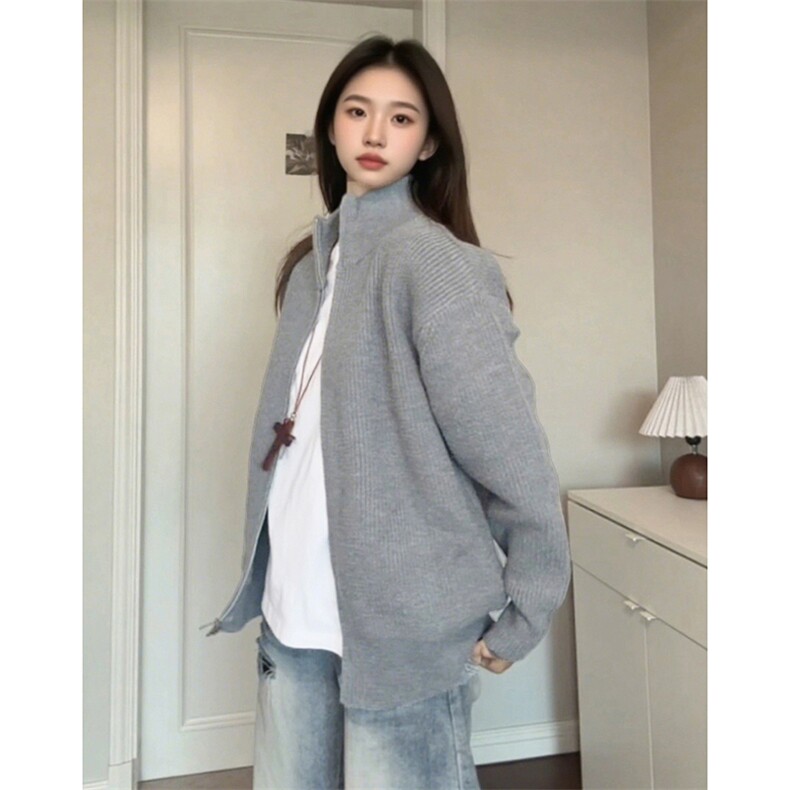 重磅秋冬北极绒双拉链毛衣开衫美式复古休闲慵懒风宽松针织衫外套,男装针织衫/毛衣,电商A486-1