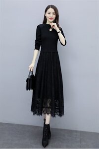 2023秋季新款半高领镂空线衣配蕾丝长款打底连衣裙，女装连衣裙，安之芮娜