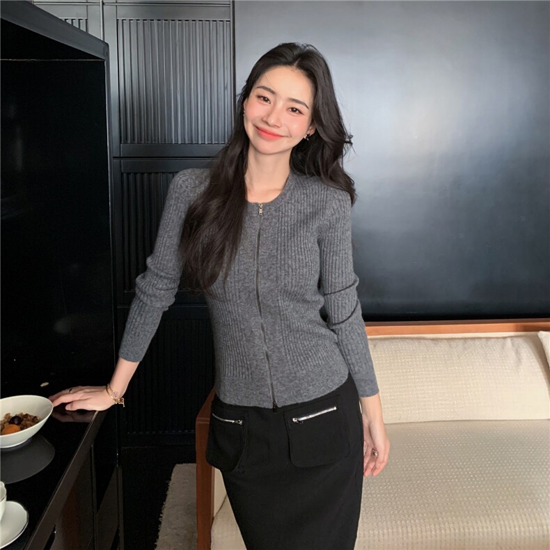 2025秋冬百搭时尚简约拉链开衫修身舒适百搭,女装羊绒衫,玛卡隆羊绒