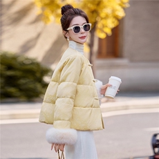 现货2026新中式时尚气质优雅真狐狸毛印花盘扣白鹅绒羽绒服，女装羽绒服，卡杰菲
