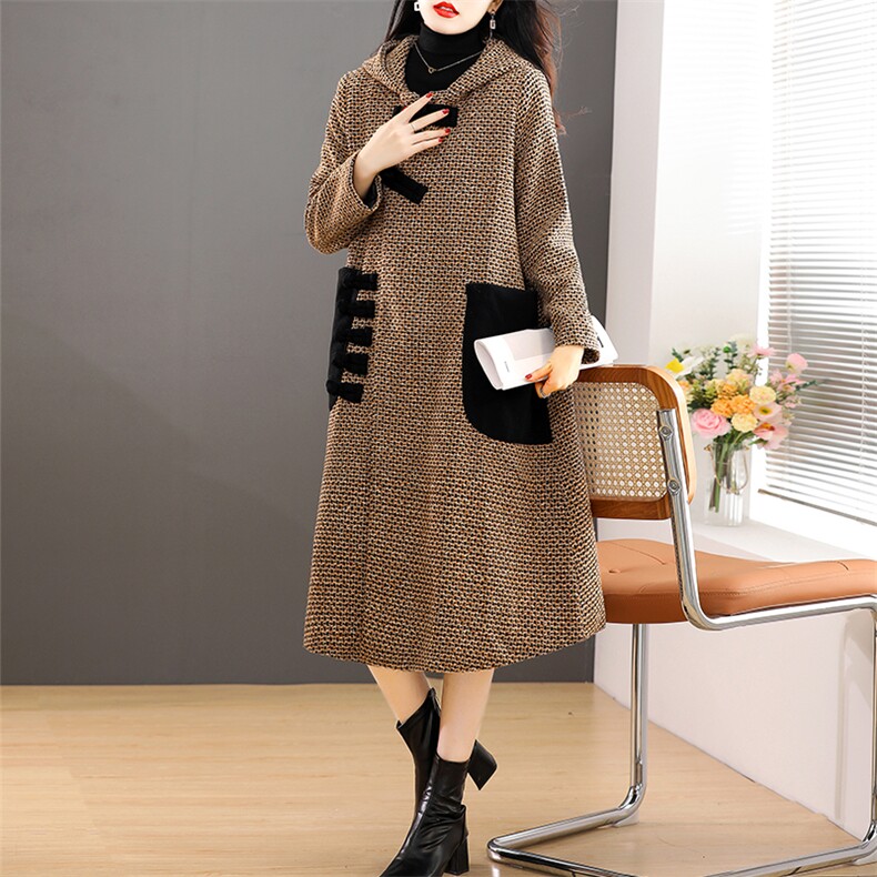 2022冬季新款拼色复古连帽毛呢外套显瘦气质长款大衣，女装毛呢外套，橙子家