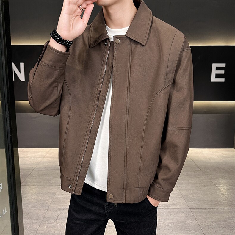 男装皮衣纯色翻领2025秋款时尚皮夹克男外套上衣B317/815/P145,男装皮衣,电商B317