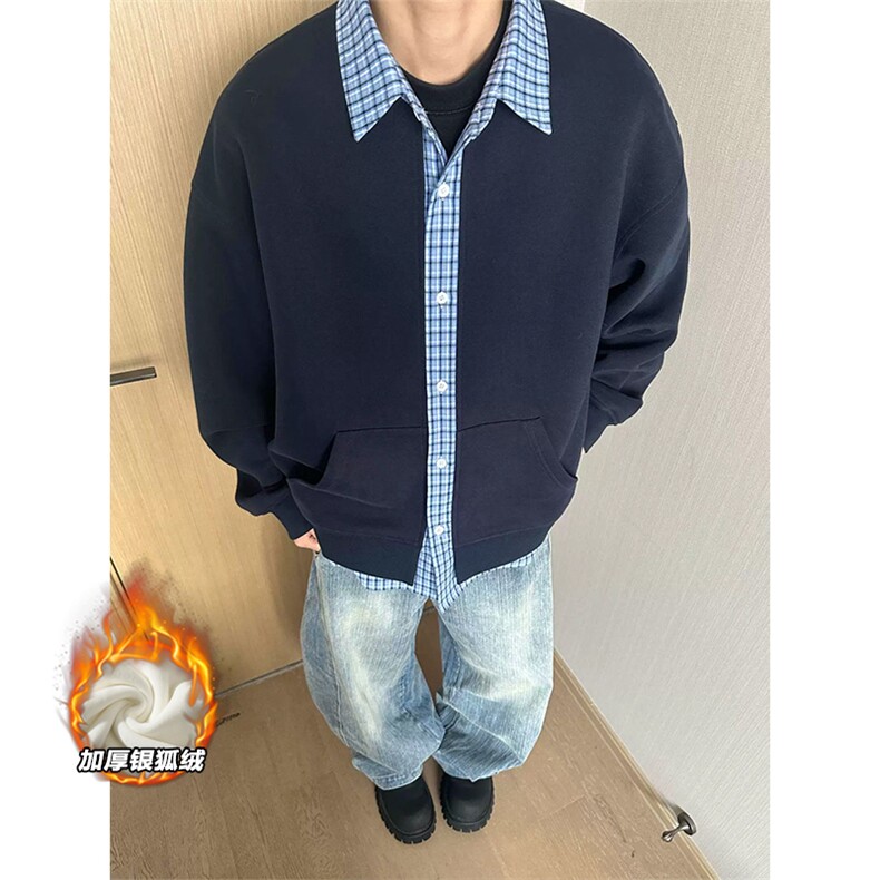 网图银狐绒450g重磅假两件格子男卫衣外套W5436J加绒-特P55控99,女装短外套,电商A001