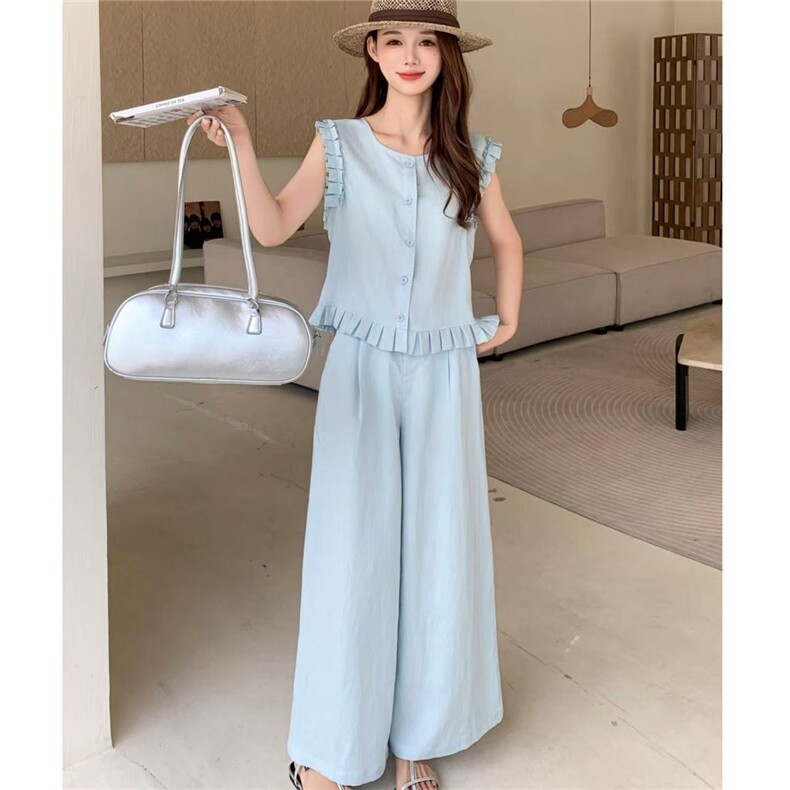 夏装套装新款时尚木耳边无袖短上衣+阔腿裤两件套,针织衫/毛衣,雅鹿