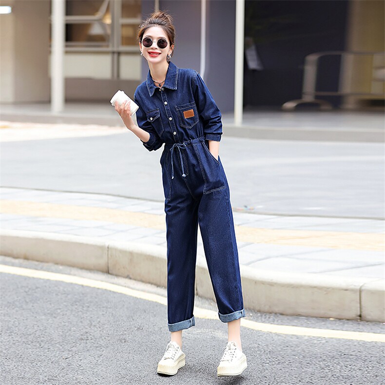 工装牛仔连体裤女2024年春秋季新款小个子时尚高腰显瘦连衣裤,女装连体裤,E百度