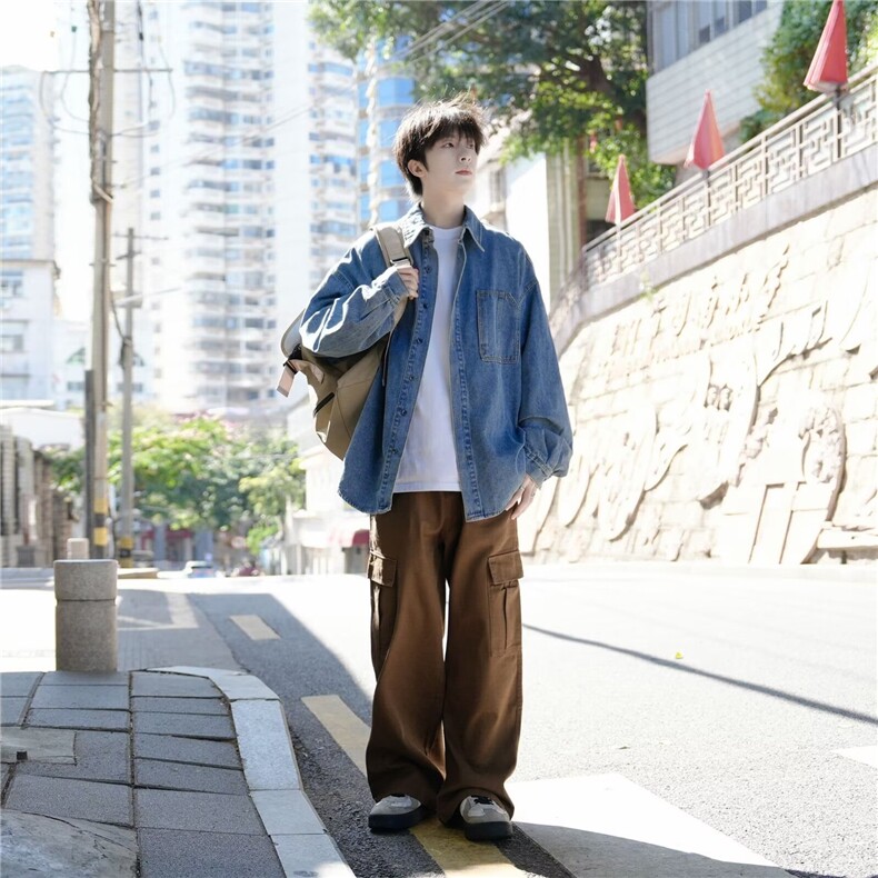 C04-P54美式工装牛仔衬衫男春秋季潮流男生休闲长袖衬衣外套,男装衬衫,电商B323A