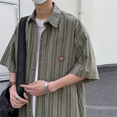 夏季复古条纹衬衫男短袖ins潮牌港风休闲潮流五分袖上衣EA03-P30，男装衬衫，星座1008