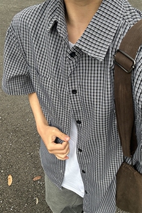 格子衬衫春夏美式短袖衬衫港风情侣装休闲衬衣 CS286-P30图片