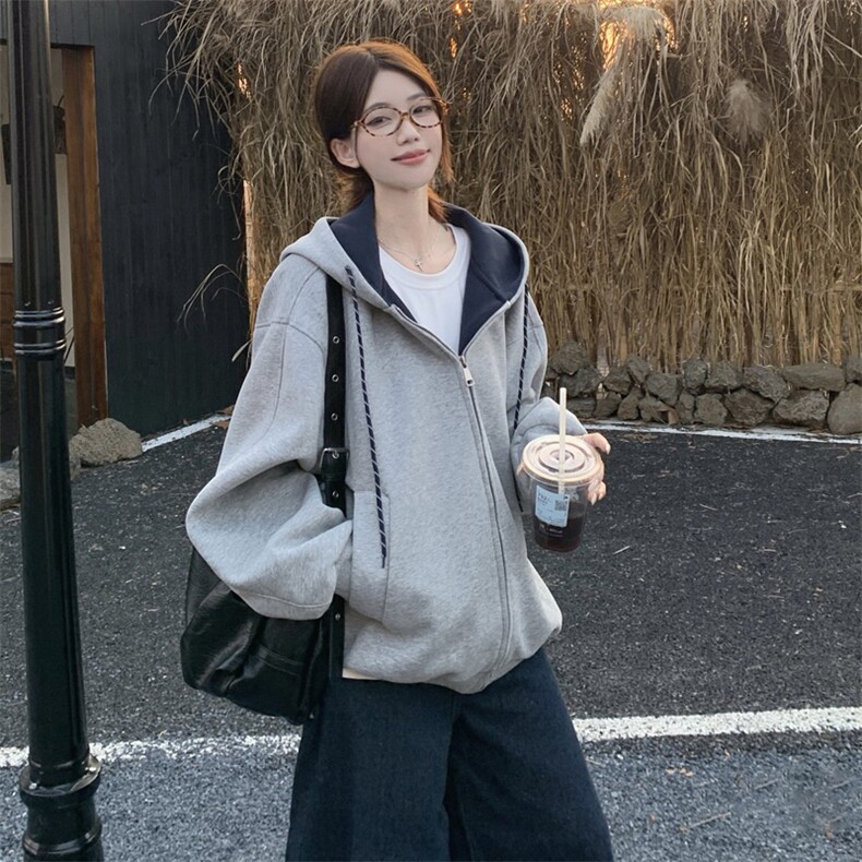 抖音得物二开美式高街重磅结构双层撞色连帽卫衣开衫外套W116,男装卫衣,电商A486