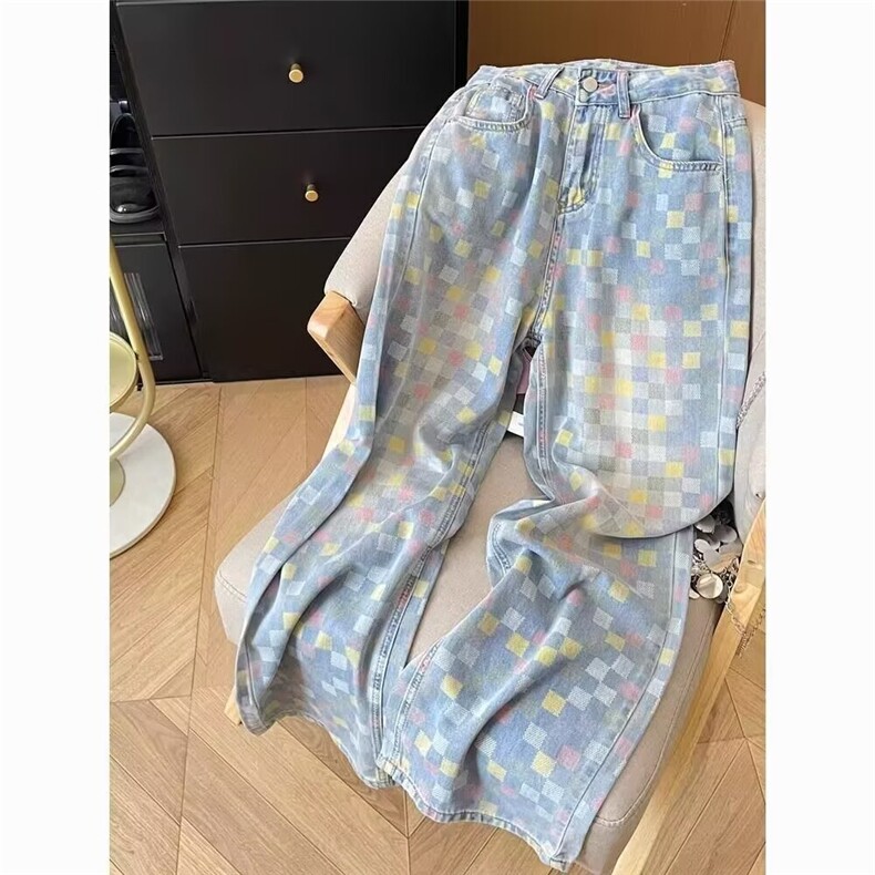 7015-P46 春夏新款彩色棋盘格高街美式复古宽松显瘦阔腿牛仔裤图片