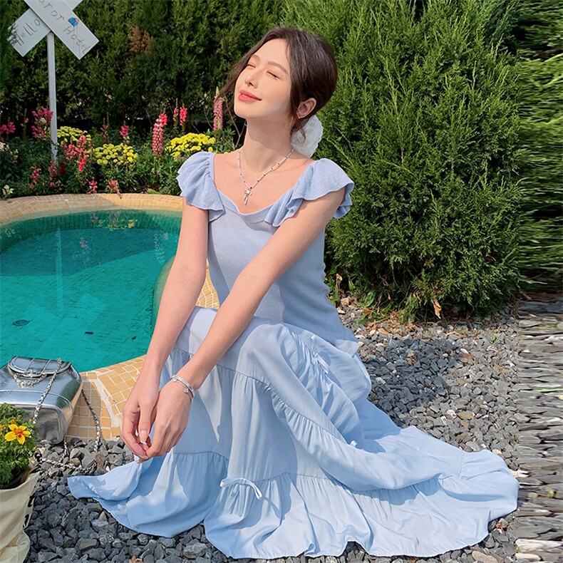 蓝色蝴蝶结高腰半身裙套装女夏季2025新款独特漂亮针织上衣两件套,女装套装/套裙,浙宝220A
