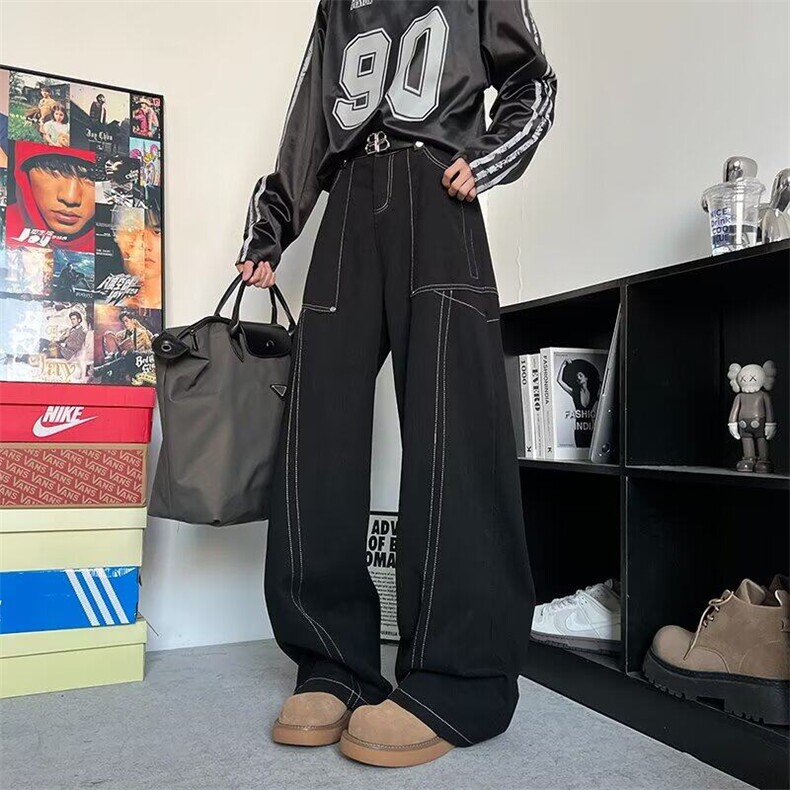 春秋青少年微弹常规美式设计感明线工装阔腿牛仔长裤直筒中腰水洗,男装牛仔裤,星座506A