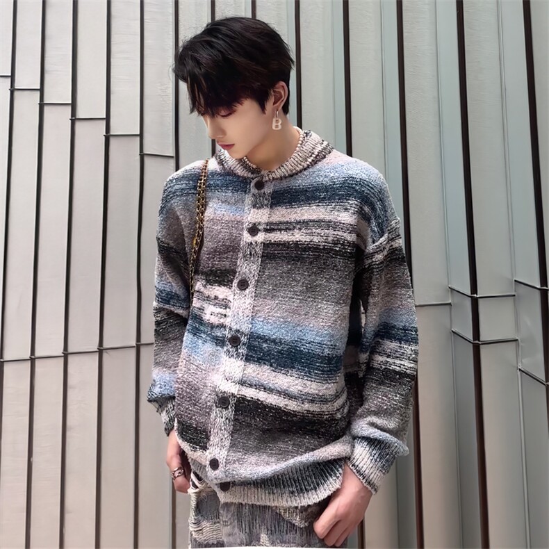 (自家图）彩条撞色纹针织衫宽松男开衫小香风毛衣1359-P68,男装针织衫/毛衣,星座910-5