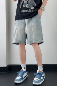 牛仔短裤男直筒裤黑底板景宽松美式复古休闲抽绳牛仔裤D351-P40图片
