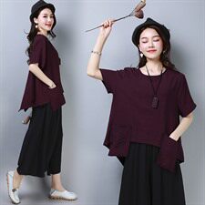 圆领口袋2021年夏季短袖中长款宽松舒适显瘦T恤套头，女装T恤，雪樱依海