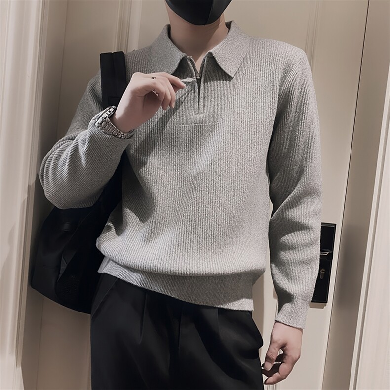 LV277/P88控118冬季轻熟风法式POLO领半拉链休闲毛衣男灰色首1,男装针织衫/毛衣,星座305B
