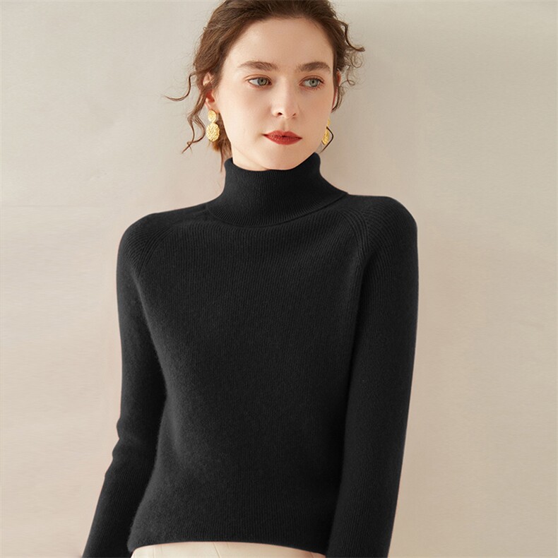 秋冬季新款舒适时尚百搭女士12针抽条高反羊绒衫,女装羊绒衫,圣寒羊绒