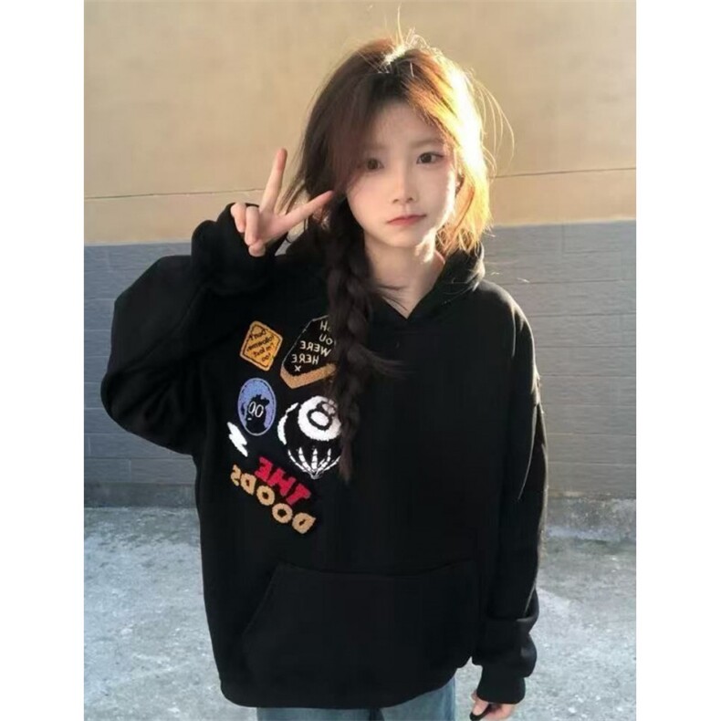 原创美式刺绣植绒徽章加绒连帽卫衣男女宽松加厚高街上衣W1040,男装卫衣,星座1116A（原606A-3）