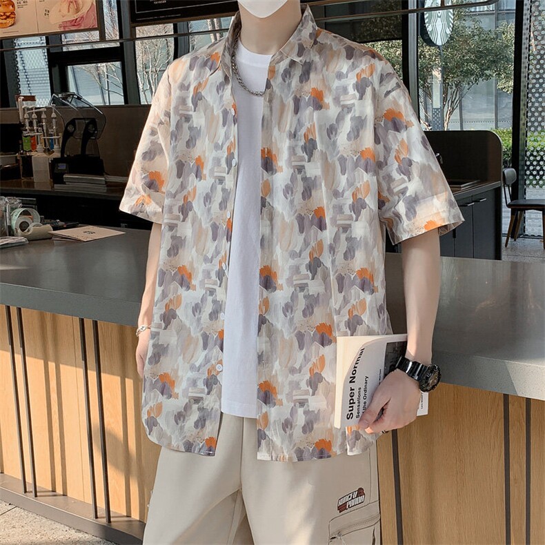 夏男士短袖衬衫含透气时尚休闲冰丝印花纯棉衬衣风7257P45,男装衬衫,电商A056